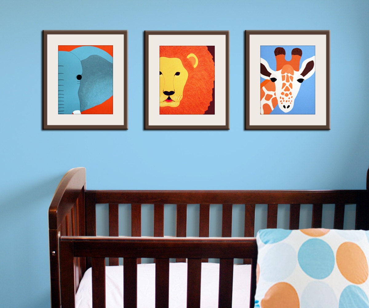 Jungle nursery decor. Baby nursery art prints. Safari theme nursery. Safari prints. Blue, brown, orange colors. 3- 11x14 prints by Wallfry