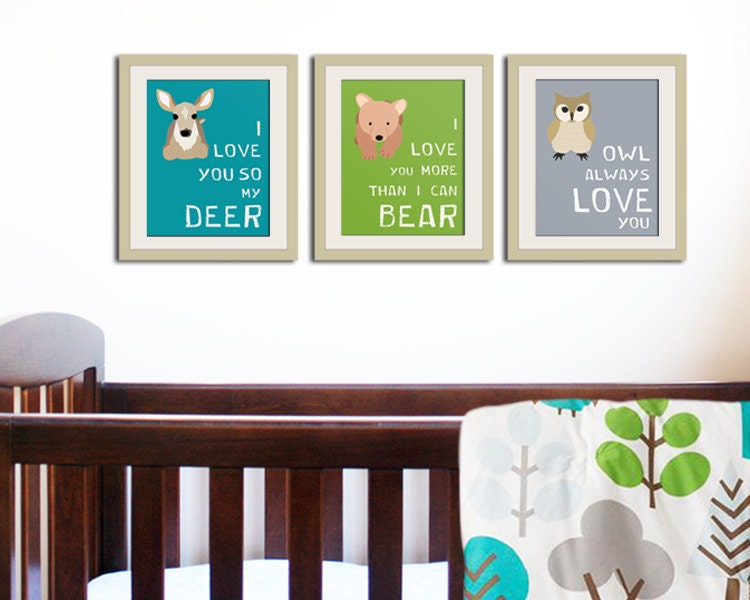 Woodland nursery decor. Forest animal kids wall art. Typography owl nursery art print. Child decor. 3 - 8x10 prints by WallFry