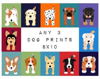 Dog Wall Art. Any 3 Dog Prints for baby child nursery art. Custom modern 8x10 puppy pictures from paintings for kids room decor by WallFry