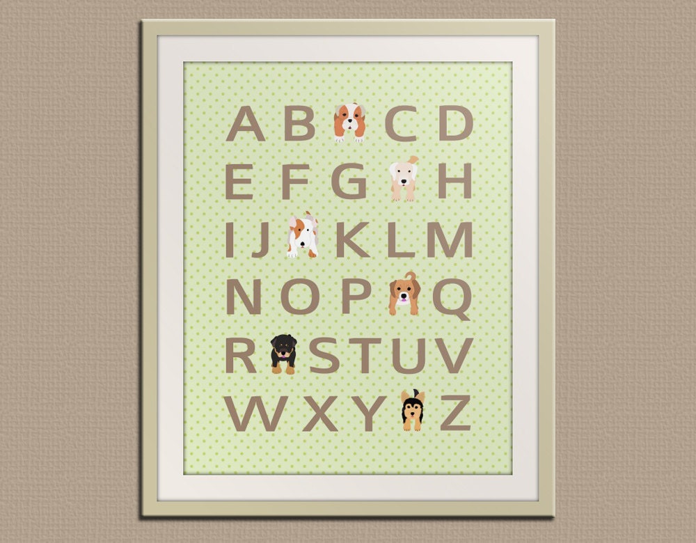 Dog alphabet nursery art for children. Typography alphabet print, dog art print for kids. Nursery decor, kids decor, 8x10 ABC print