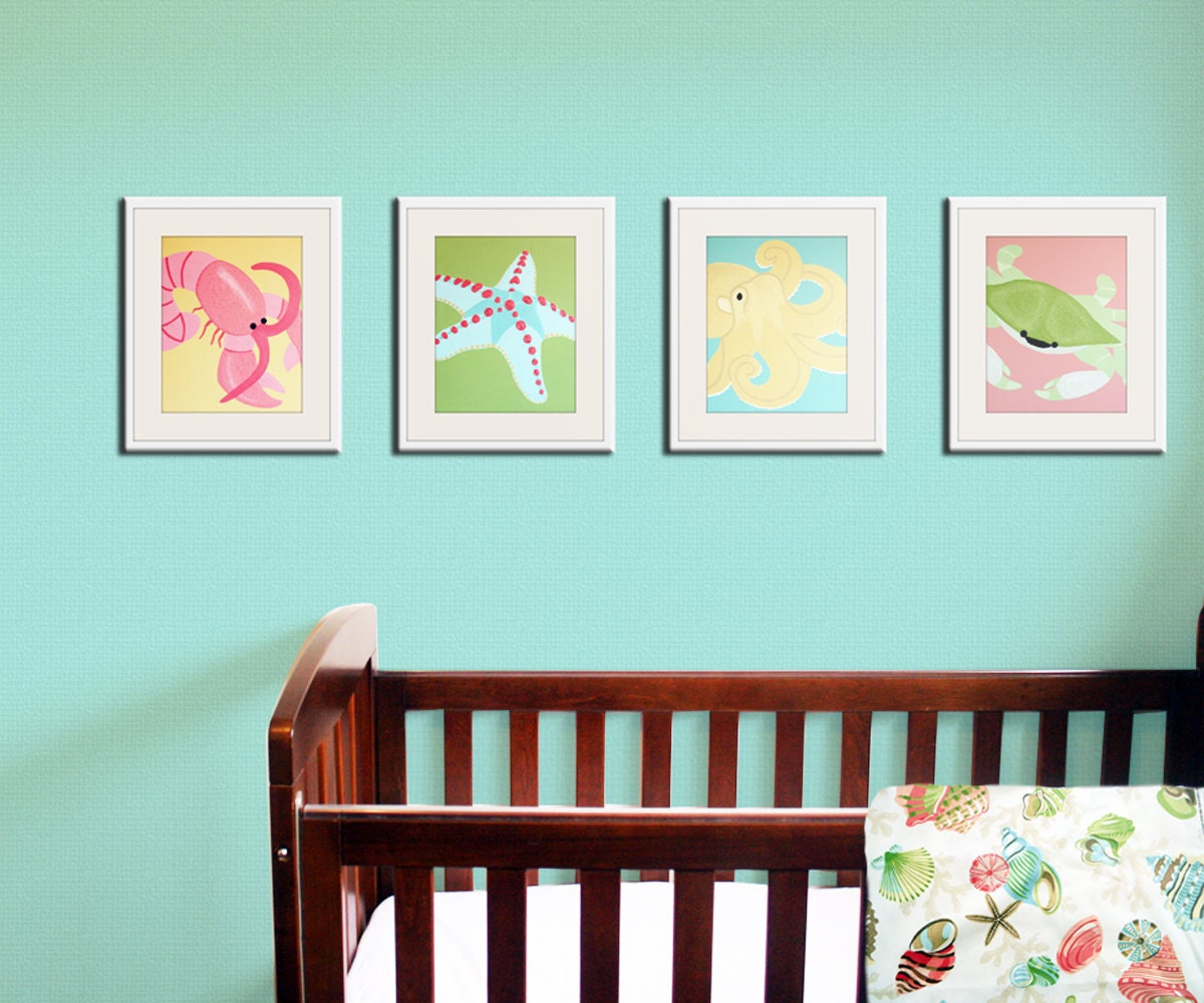 Baby nursery art. Sea creature prints, beach art for kids. Children art marine life. Children bathroom prints. 4 8x10 prints by wallFry