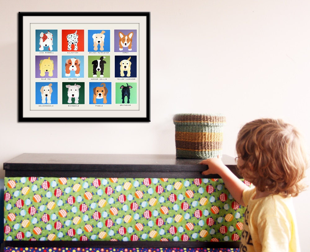 Dog wall prints. Puppy dog themed nursery wall art. 8x10 dog print artwork. Baby nursery art for kids decor. Nursery decor