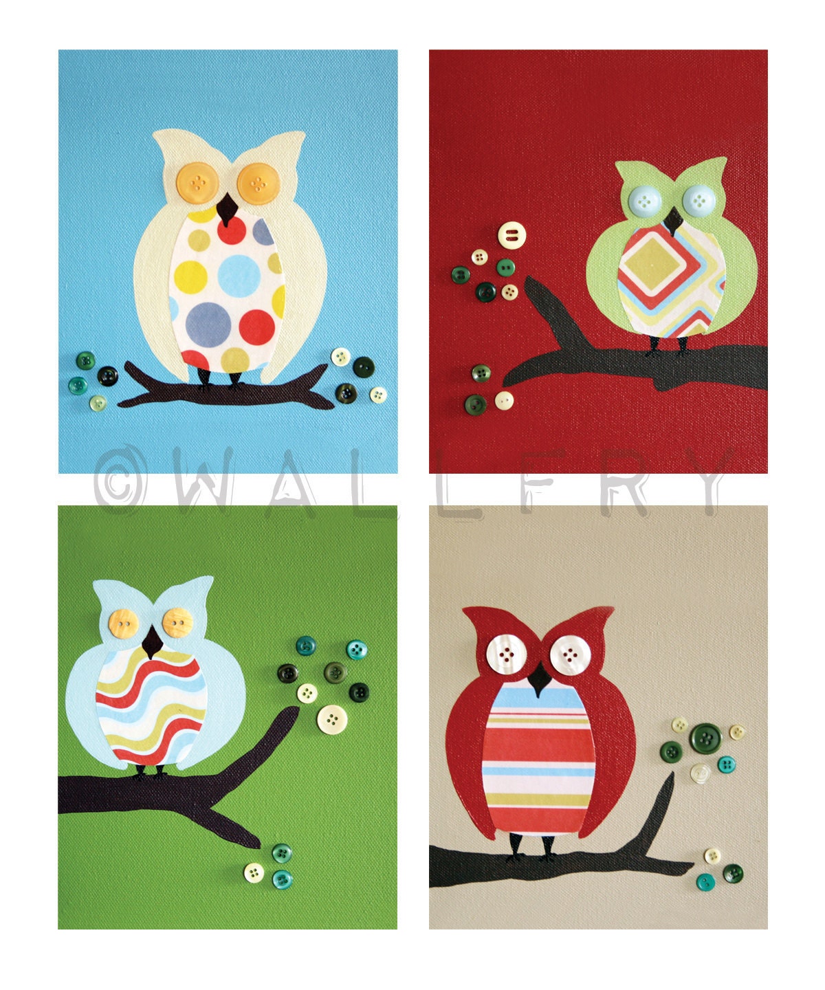 Owl prints nursery art. Owls for boys and girl baby nursery prints. Set of 4 - 8x10 of owl nursery art prints