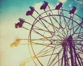 Carnival ferris wheel photo, fair, turquoise, gold, sunset, summer, vintage, retro home decor, 4x4 fine art print