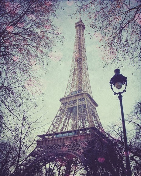 Paris in love - romantic 8x10 print of the Eiffel Tower against a soft blue, turquoise sky with love hearts. Buy one get one free sale
