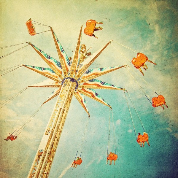 Fairground carnival swings photo,  turquoise, yellow, nursery art,  fair,  vintage retro 4x4 fine art print.