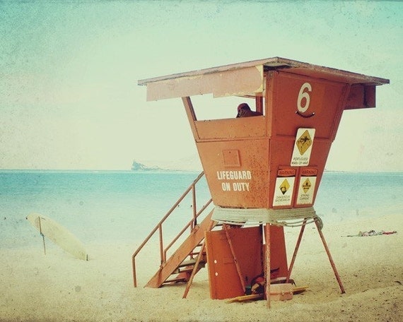 Lifeguard Tower - 8x10 fine art photo print, orange lifeguard tower against a turquoise blue ocean. Buy one get one free sale