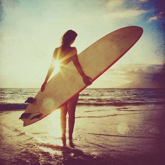 Surfer girl photo - sunset, surf, beach, summer, surfboard, retro home decor, orange blue 5x5 fine art print.