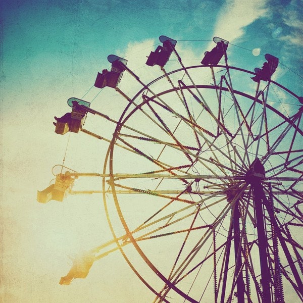 Carnival ferris wheel photo,  turquoise, gold, sunset, summer, vintage, retro, home decor, 8x8 fine art print. Buy one get one free sale