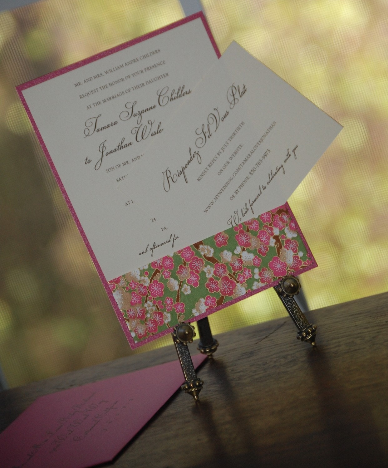 Japanese Chiyogami Wedding Invitation or Announcement - Pink Green Cherry Blossom
