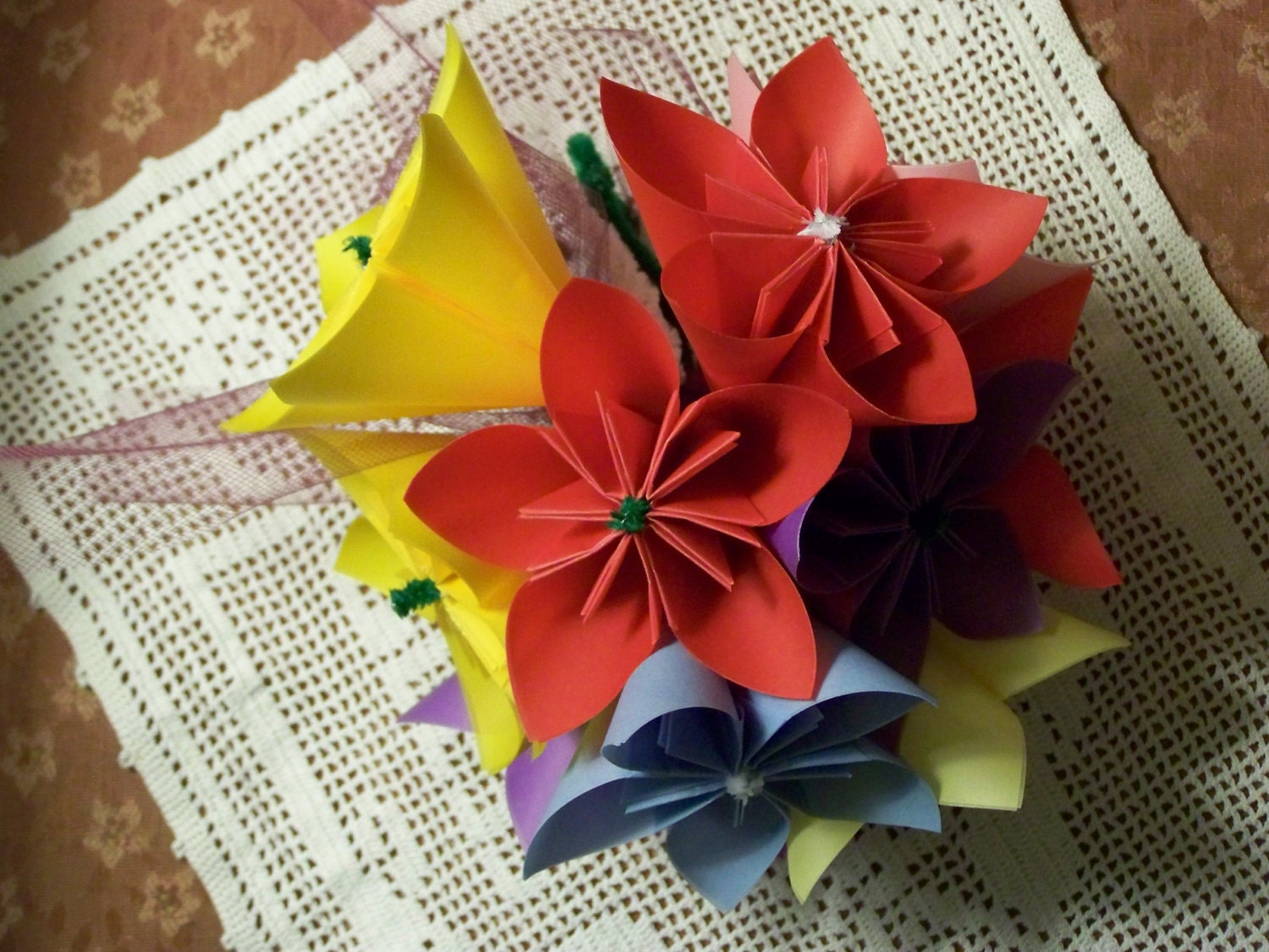 Kusudama Bright And Beautiful Origami Paper Flower Bouquet Grouping of 10