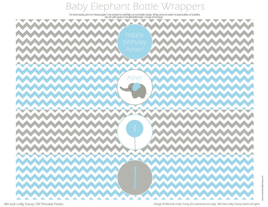 Baby Elephant Bottle Wrappers BLUE - DIY Printable Parties