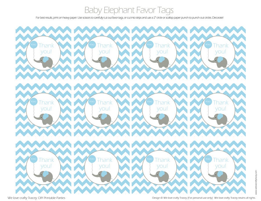 Baby Elephant Favor Tags BLUE- DIY Printable Parties