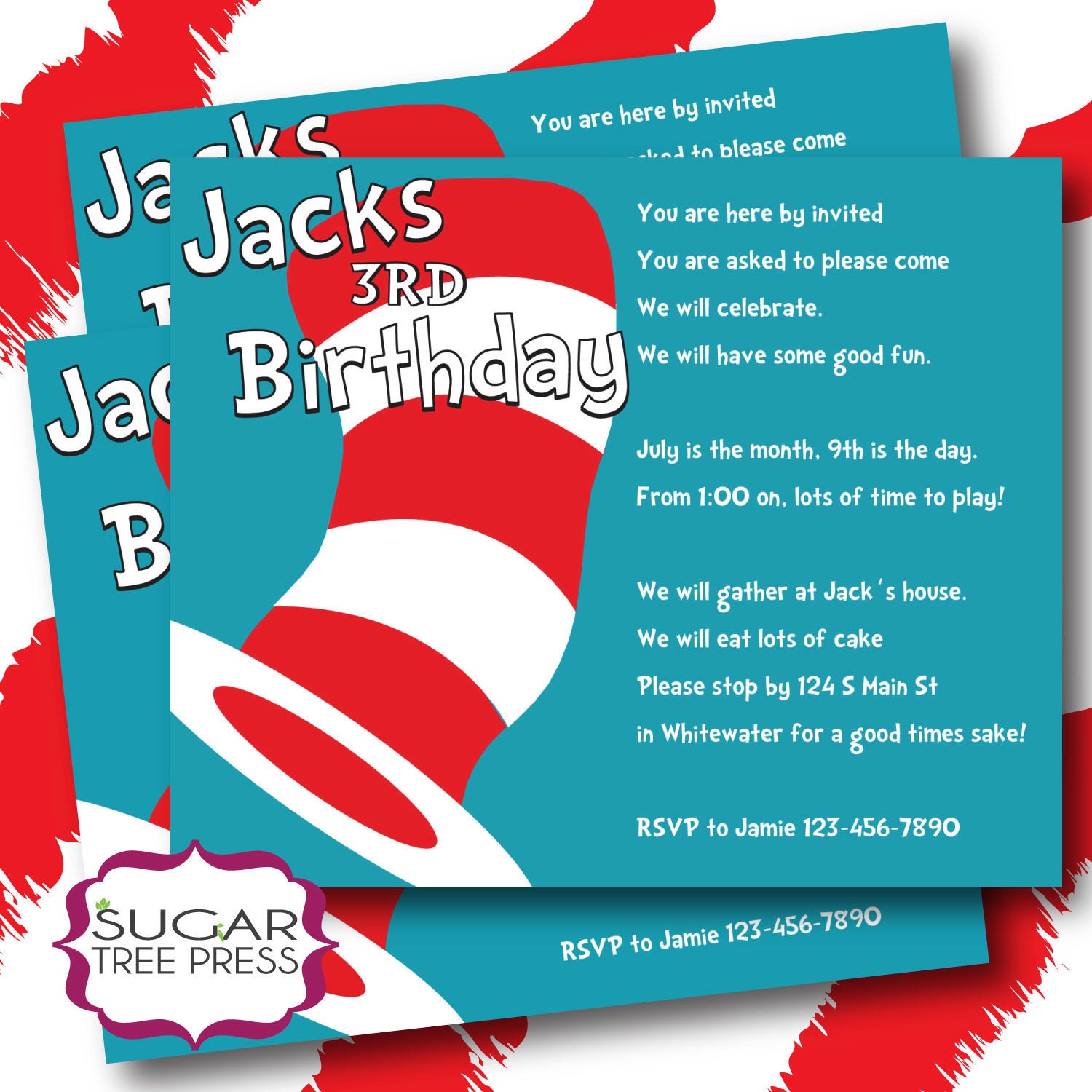 Printable Dr Seuss Cat in the Hat Inspired Birthday Invitation -  coordinating party favors available U PRINT