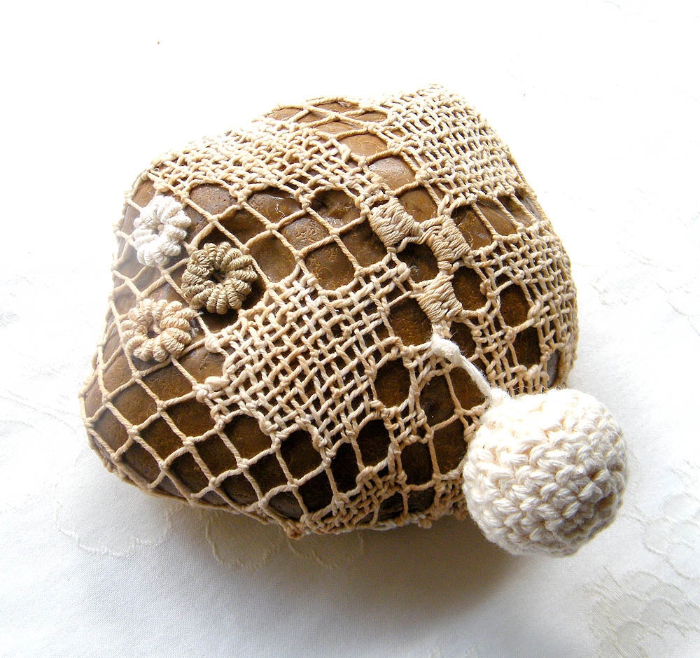 Lace, crochet stone - Nature decorated river pebble stone, covered with vintage  filet lace, embroidery flowers, all hand made.
