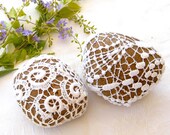 crochet, lace stones - Nature brown 2 river pebble stones, covered with vintage white crochet lace, mintook hand made.