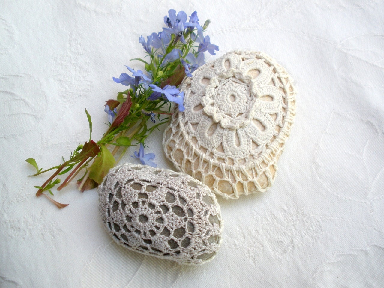 Crochet Two Nature decorated river pebble Stones, covered with vintage lace flower motif, hand made, mintook..