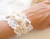 Wedding charm beaded Bracelet , embroidered hand made,  vintage embroidery lace bracelet.