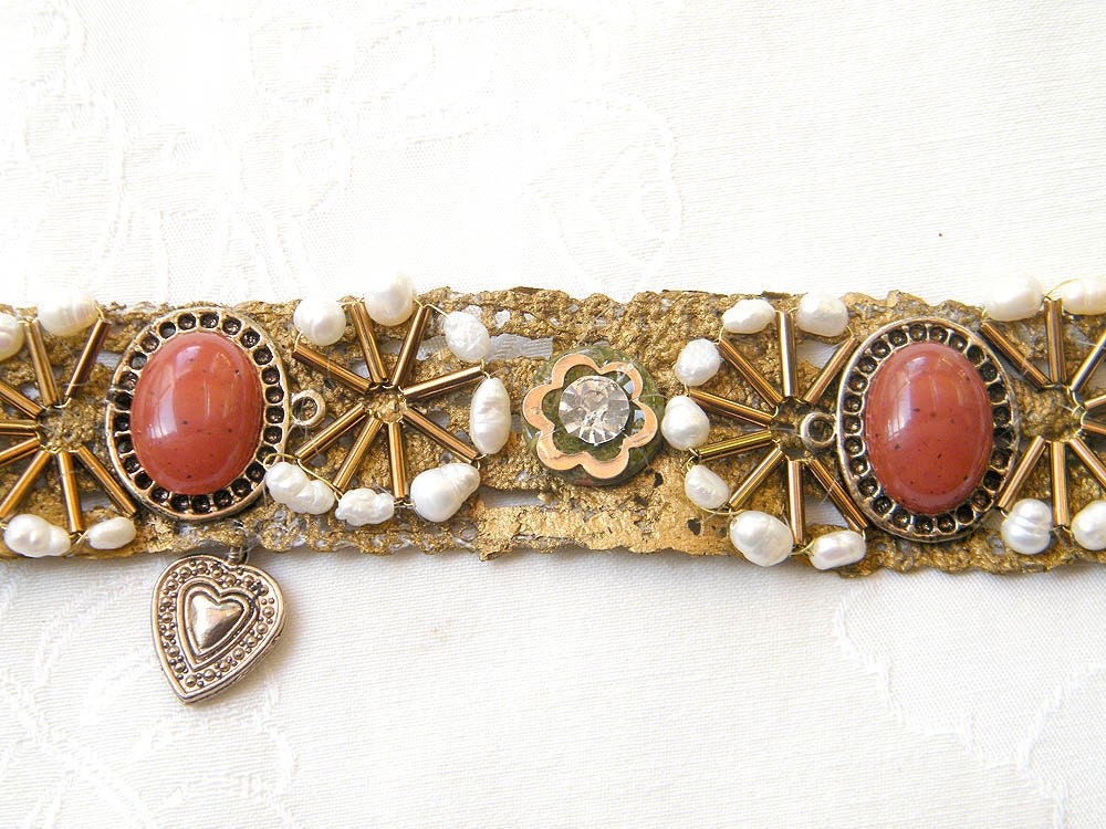Vintage Bracelet, with  round pearls, beads, special stone lucky heart and more motifs, stitched to a ribbon lace. charm wedding handmade.
