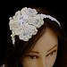 Bridal Lace Headband, vintage style with round ivory pearls and with white embroidery flowers.