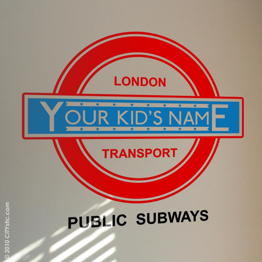 CHILDREN London : WALL DECAL - Underground Sign - Old Fashion Panel with kid's name inside, bicolor with stars.