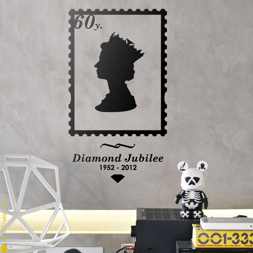 QUEEN - WALL DECAL: Queen Jubilee 60 years Stamp, Queen Elizabeth Face silhouette, crown, vinyl, sticker