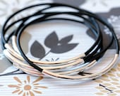 5 Natural Leather and Silver Tube Bangle Bracelet Set