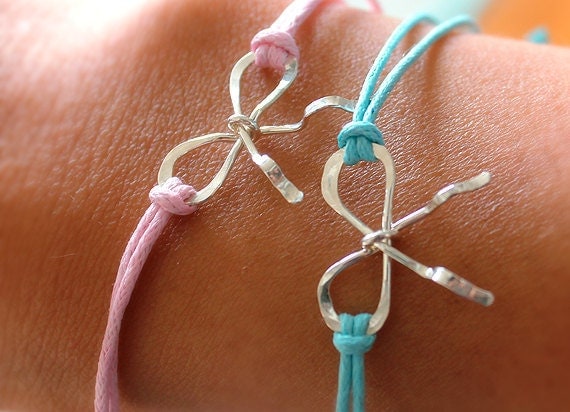 Set of 2 Sterling Silver Forget-Me-Knot Personalized Charm Waxed Cotten Bracelets