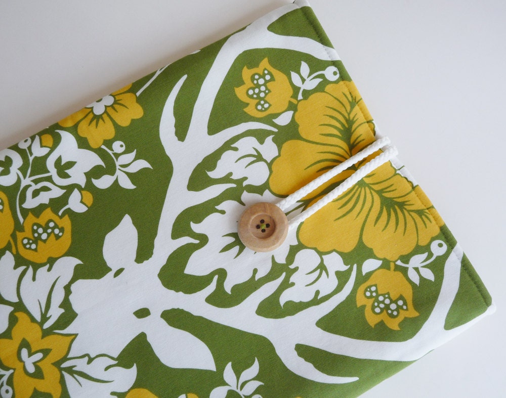 Padded iPad Sleeve, Kindle Sleeve, Nook Sleeve, Samsung Galaxy Sleeve, Tablet Sleeve - Joel Dewberry Antler Damask Tarragon