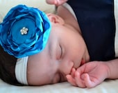 Boutique Turquoise Flower Headband Rhinestone Flower ALL Sizes Photo Prop Birth Announcement Birthday Weddings by Ana's Baby Couture - anasbabycouture