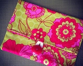 Green and Pink Floral Foldover Clutch with Pink Zebra Lining and Red Vintage Button