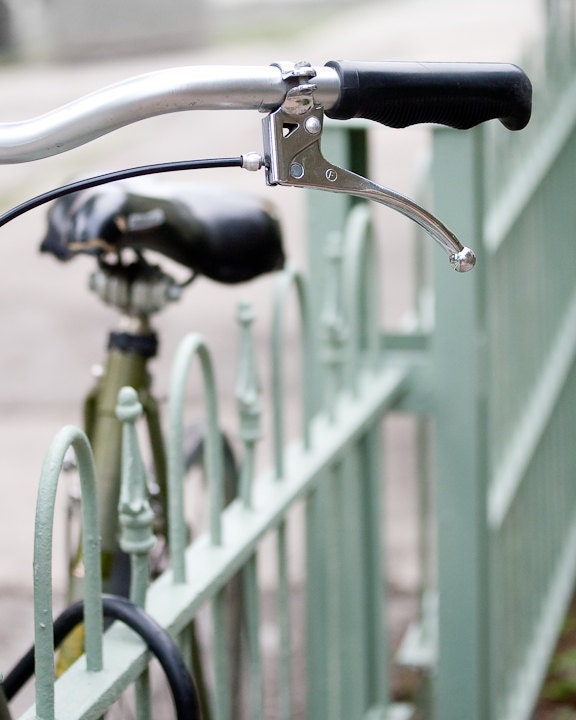 Photo of Bicycle Beside Mint Green Wrought Iron Spindled Fence - Fine Art Photo entitled Gentle Ride -  8 X 10 - CarlaDyck