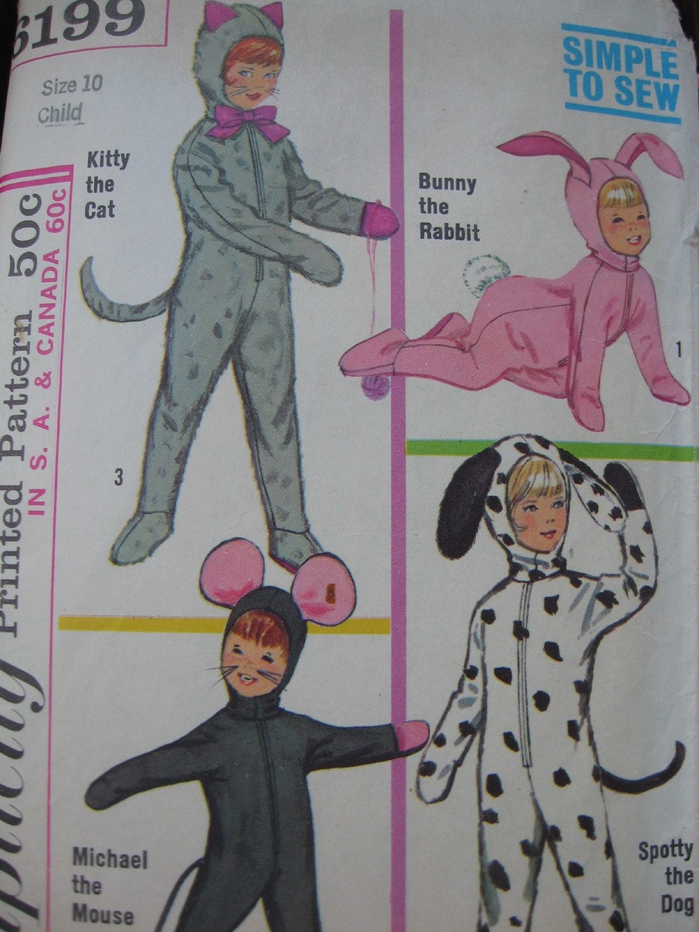 Vintage 1965 Simplicity Simple to Sew Boys and Girls Animal Costumes with Detachable Head Piece Sewing Pattern