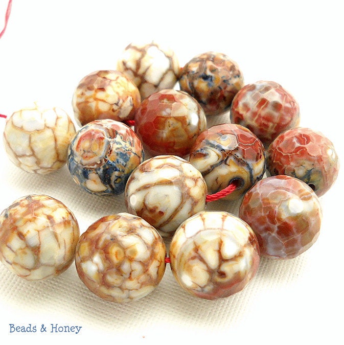 Agate, Brick Red, White, Dark Blue, and Brown, Fired, Round, Faceted, Gemstone Bead, 16mm, Large, 10pcs - ID 987