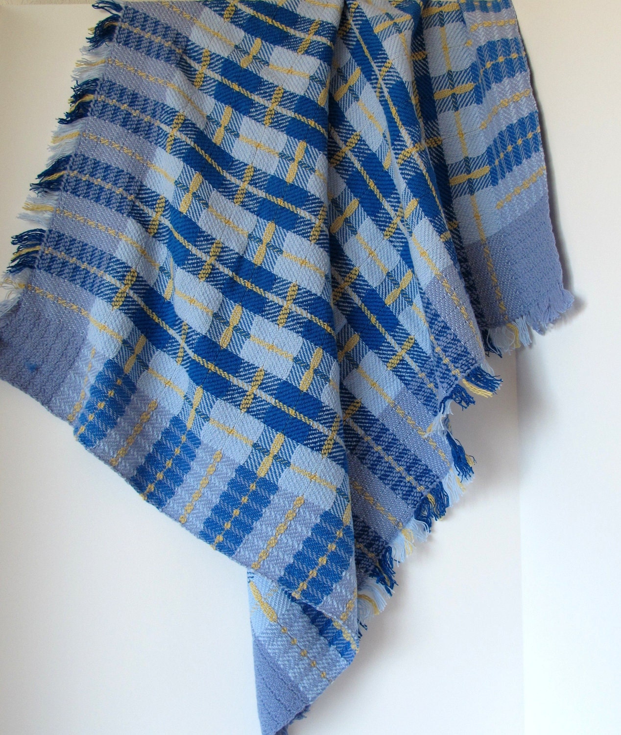 Plaid Baby Blanket Handwoven in Blue and Yellow Cotton