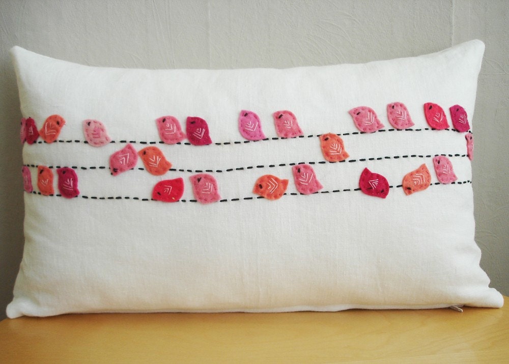 Sukan / Pinks Birds White Linen Pillow Cover, Lumbar pillow,