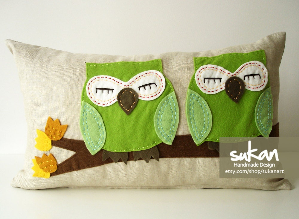 Sukan / Green Owls Beige Linen Pillow Cover - decorative throw pillows - 12x20