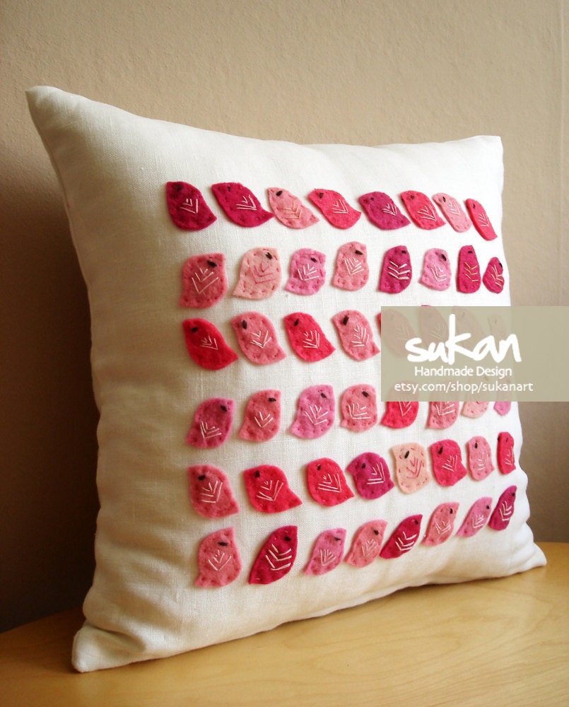 Sukan / Pink Birds White Linen Pillow Cover - 14x14