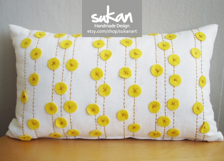 Sukan / Yellow Felt, White Linen Pillow Cover - lumbar pillow cover - Decorative Pillow, Throw Pillow Cover, Accent Pillow - 12x20 pillows