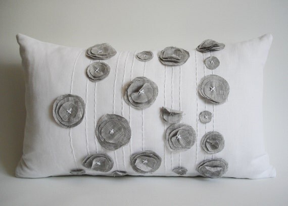 Sukan / White Linen Pillow Cover - Decorative Pillow Cover, Beautiful Rose Throw Pillow Cover ,12x20 inch - White, Gray