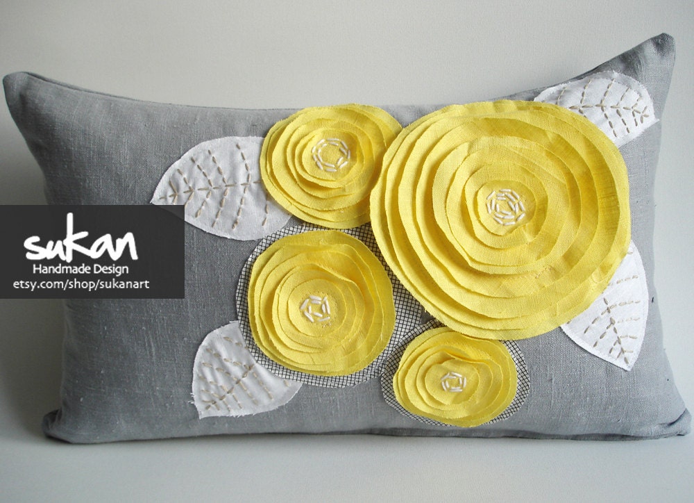 Sukan / Rose Pillow, Gray Linen Pillow Cover - gray throw pillow, rose throw pillow, linen pillow cover, lumbar pillow, gray linen pillow