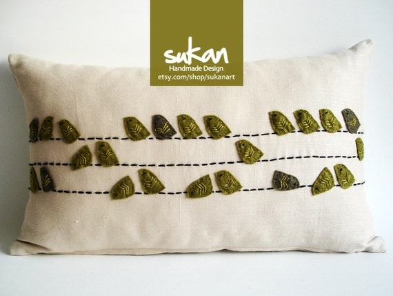 Sukan / Beige Linen, Greens Birds Pillow Cover - 12x20 inch