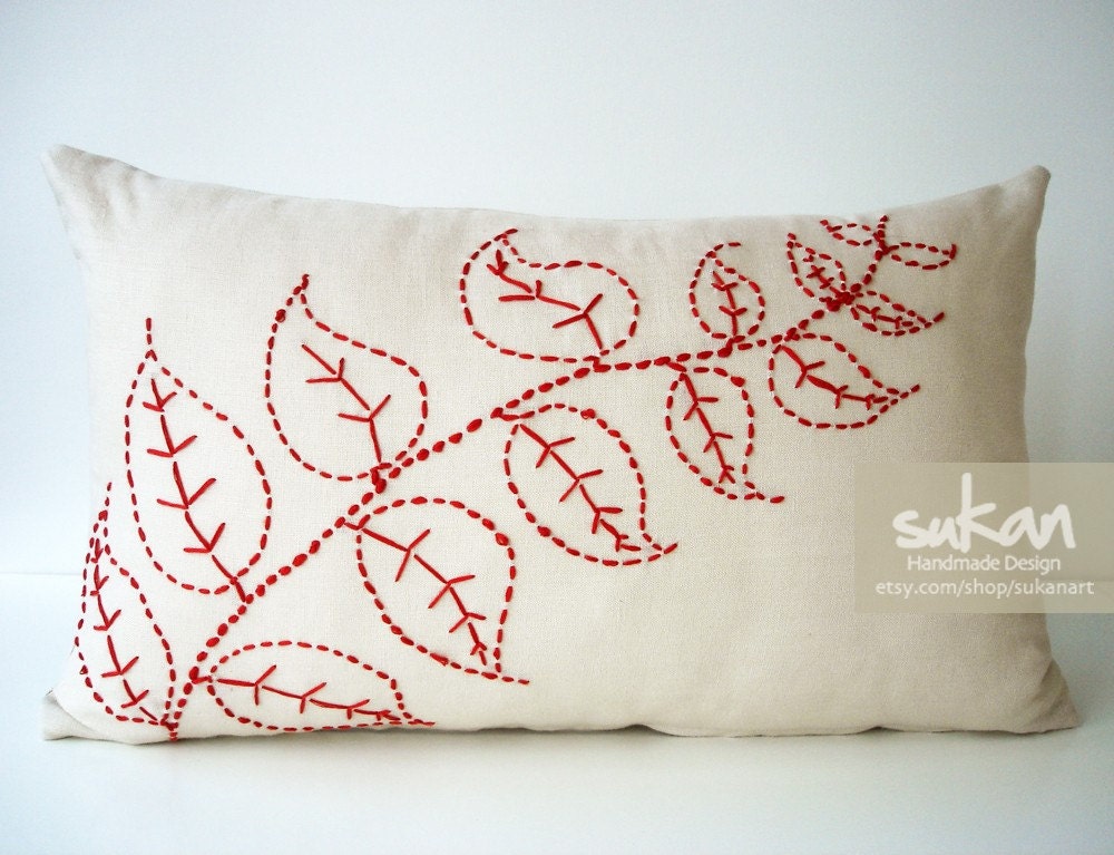 Sukan / Embroidered Linen Pillow Covers Beige Red, Decorative Throw Pillows, Accent Pillows, Chevron Pillow Covers Lumbar Pillow