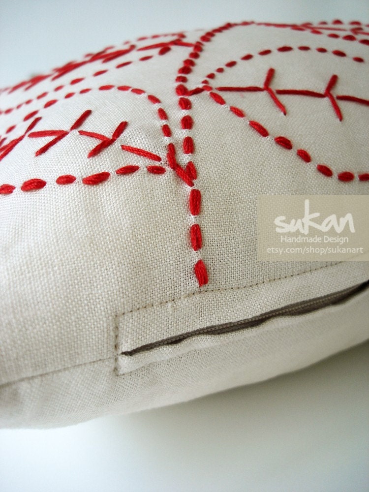 Sukan / Embroidered Linen Pillow Covers Beige Red, Decorative Throw Pillows, Accent Pillows, Chevron Pillow Covers Lumbar Pillow