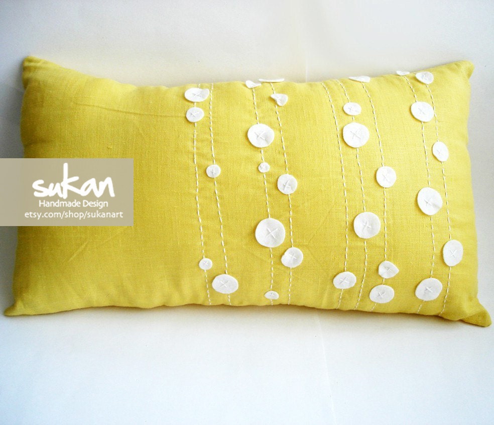 Sukan / White Floral Yellow Linen Pillow Cover, Lumbar Pillow,Decorative Throw Pillow Covers Cases Cushion Covers Accent Pillows