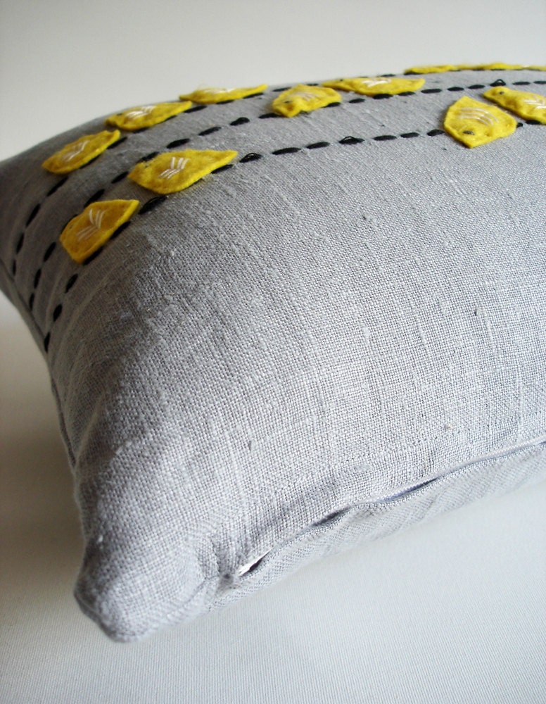Sukan / Birds Linen Pillow Cover - 12x20 inch - Yellow, Gray, Black Color