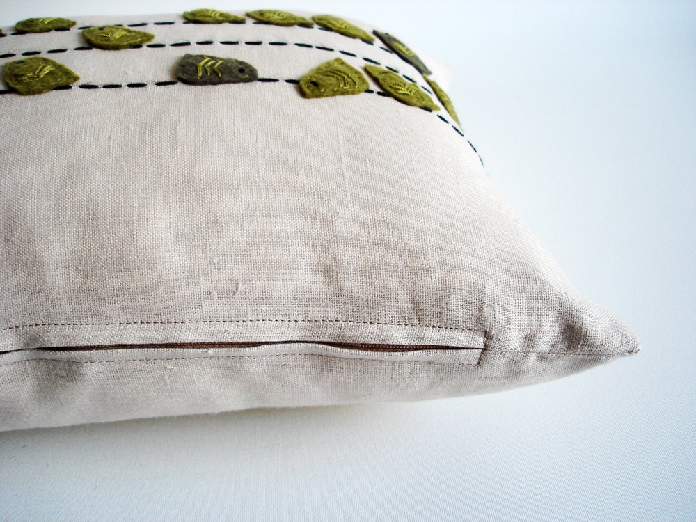 Sukan / Beige Linen, Greens Birds Pillow Cover - 12x20 inch