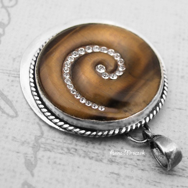 Swarovski in Spiral - wrapped, sterling silver, fine silver, swarovski zircon, tiger eye large gemstone - AnnaMroczek