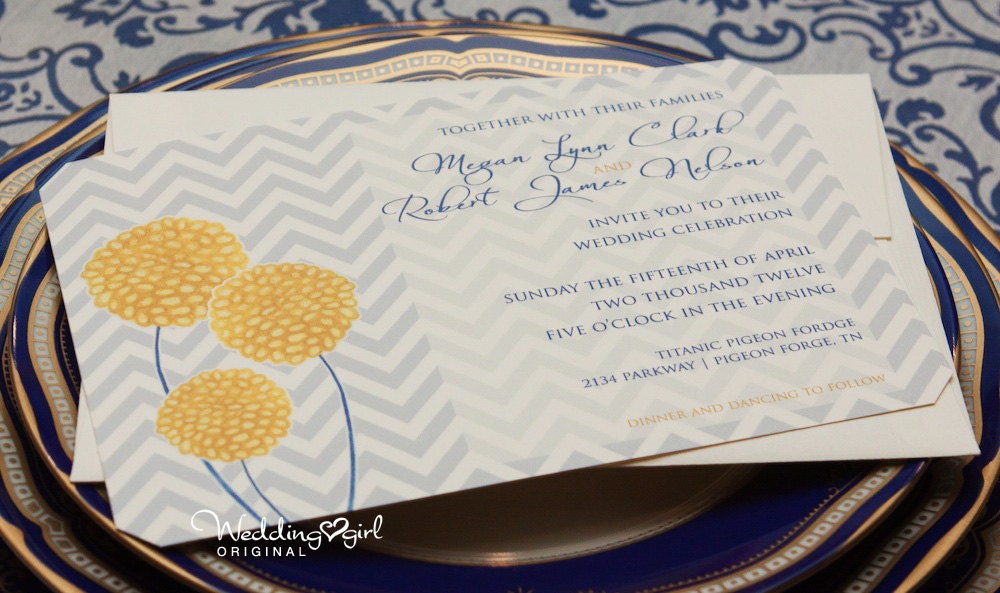 Chevron Wedding Invitation with Billy Balls / Craspedia Print at Home Template
