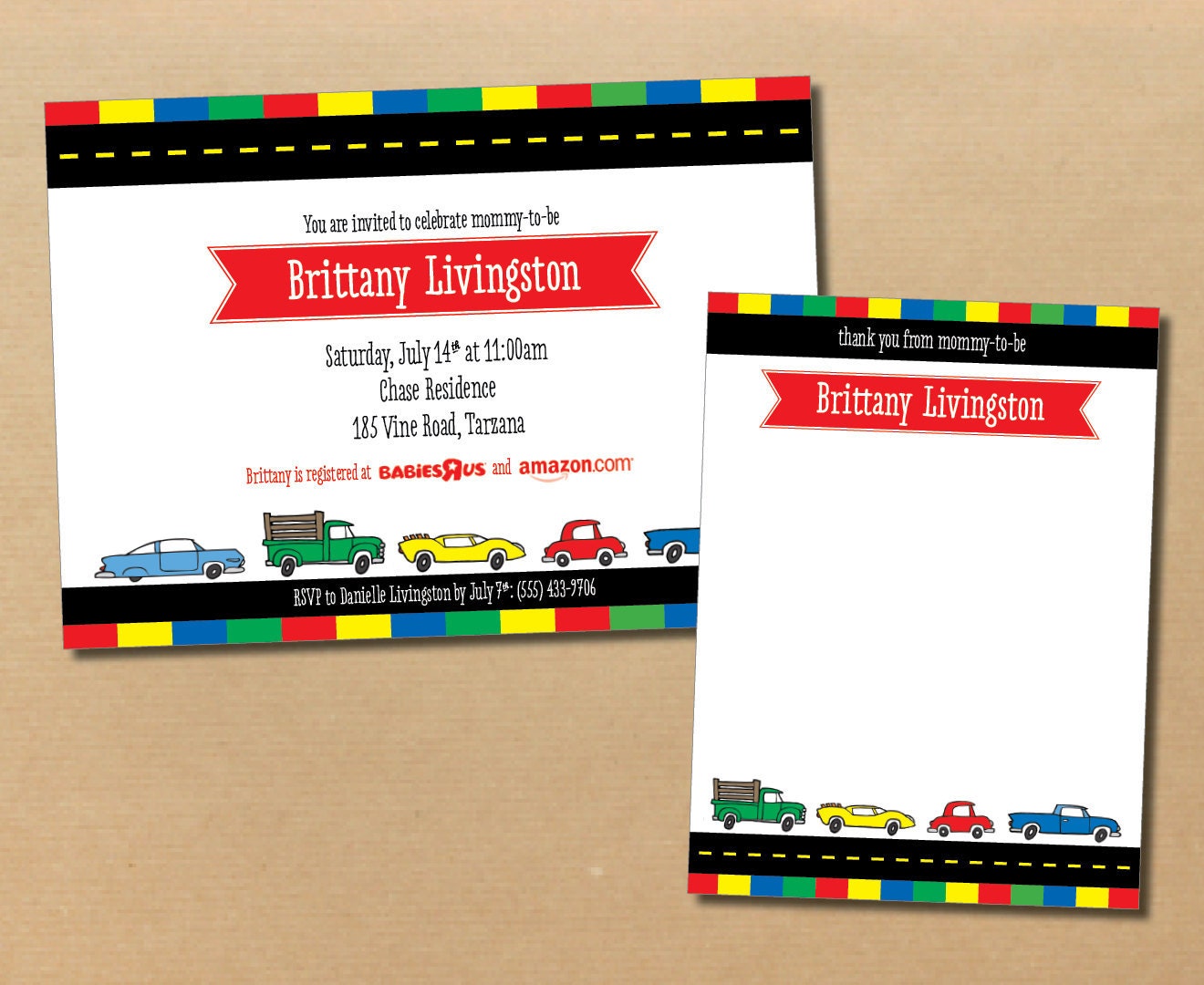 cars & trucks // baby shower invitation and thank you card